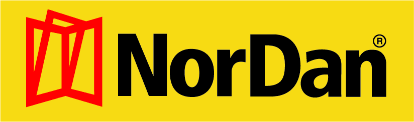 NorDan logo featuring red window symbol and black text on a yellow background.