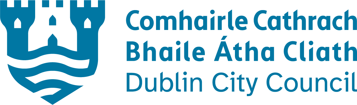 Logo of Dublin City Council featuring a stylized blue castle and text in English and Irish.